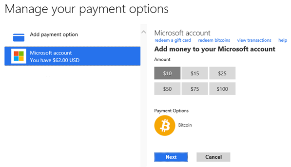Adding Bitcoin to your Microsoft Account