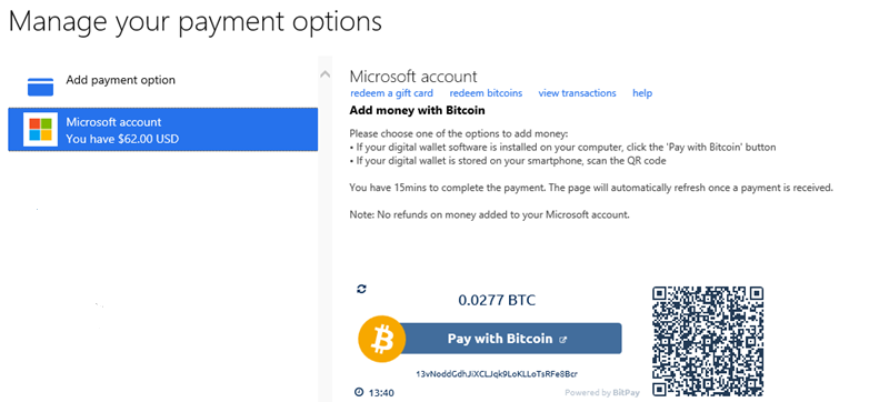 Adding Bitcoin to your Microsoft Account