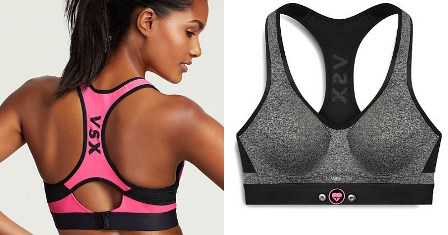 A sports bra with two sensors on the bottom made by Victoria's Secret