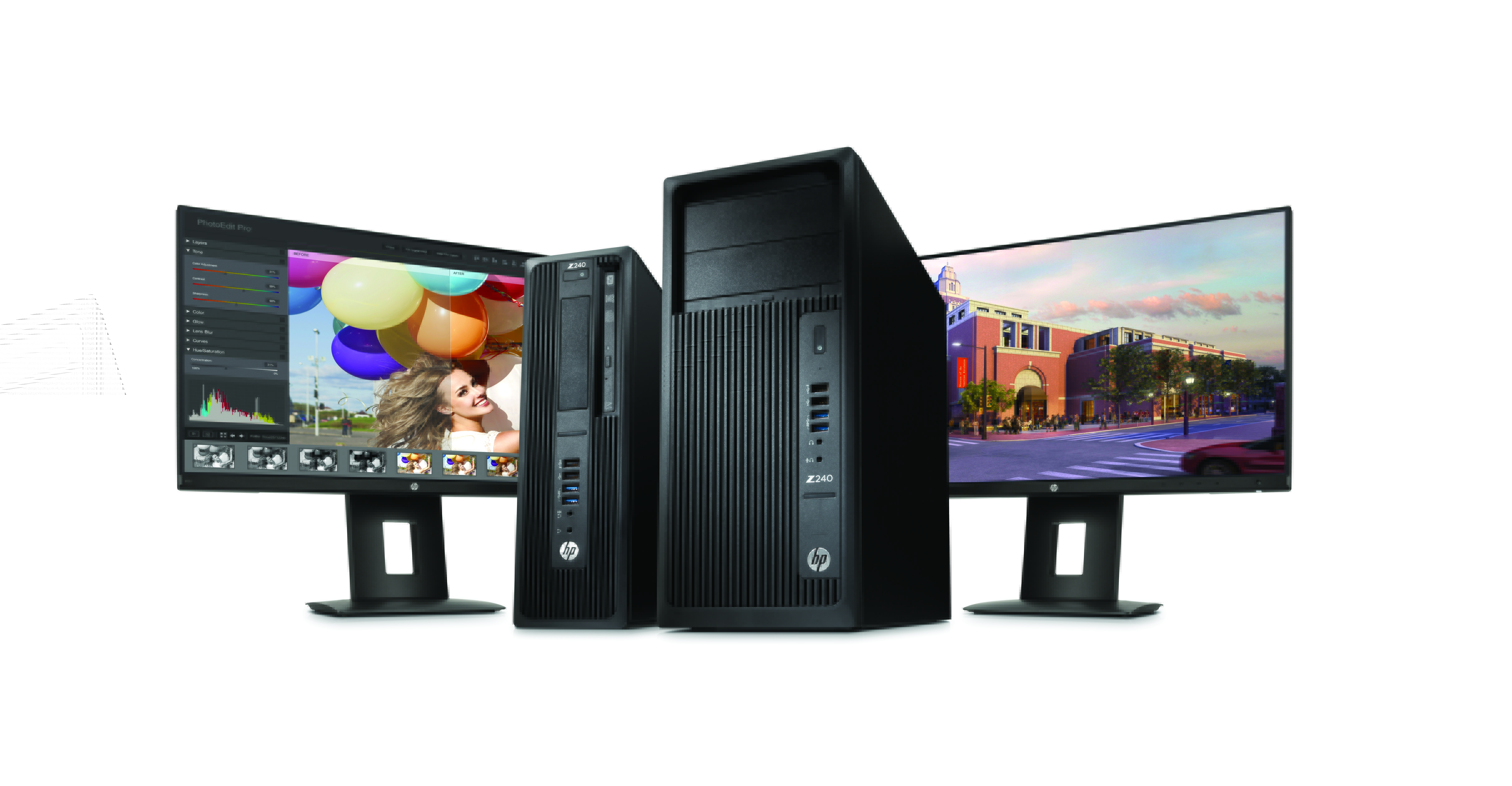 HP Z240 SFF Workstation, HP Z240 Tower Workstation, and Dual HP Z23n Displays